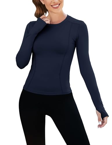 IECCP Laufshirt Damen Enge Sportoberteil Langarm Atmungsaktive Sport Tops für Yoga Gym Mit Daumenloch Langarm Workout Shirts Dark Blau L von IECCP
