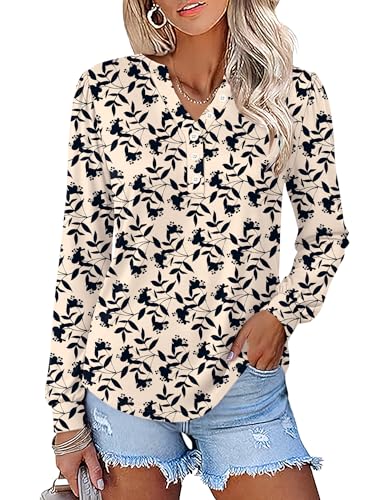IECCP Damen Langarmshirts Knopf Tunika Tops V-Ausschnitt Shirts Business Casual Swing Pullover T-Shirt von IECCP