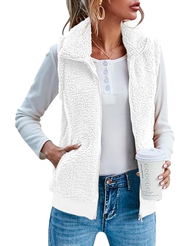 IECCP Damen Mantel Herbst Casual Leicht Ärmellos Weste Damen Lang Elegant Mode Kunstfell Weste Mit Taschen（Weiße，S von IECCP