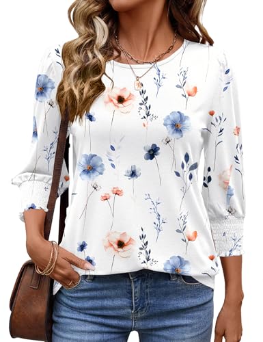 IECCP Damen Mode Elegant Bluse 3/4 Ärmel langerm Tunika Rundhalsausschnitt Sommer Top Lässig Locker Oberteil 2025 (Weiß Blumen,XXL) von IECCP
