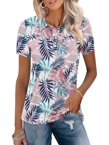 IECCP Damen Poloshirt Golf Shirt Kurzarm Polohemd Schnelltrocknend Tennis SportShirts Leicht Atmungsaktiv Tops Workout Sommershirts 2025 mit 3-Knopfleiste(Rosa Blatt,L) von IECCP
