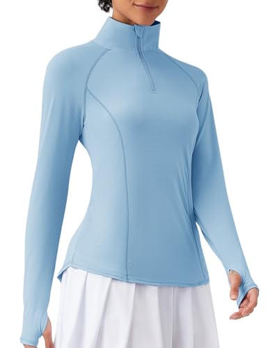 IECCP Damen Poloshirt Langarm Leichtes Sportshirt Atmungsaktiv Sommer Bluse 1/4 Reißverschluss Sportshirt UPF 50+ Sonnenschutz für Golf Tennis Blau S von IECCP
