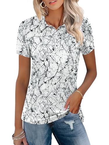 IECCP Damen Poloshirts Kurzarm Polohemd Schnelltrocknend Golf Tennis SportShirts Leicht Atmungsaktiv Tops Workout Sommershirts 2025 mit 3-Knopfleiste(Weiß Druck,M) von IECCP