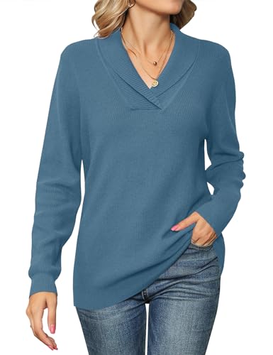 IECCP Damen Pullover Elegant Langarm Strickpullover Für Damen Herbst Langarmshirt Sweater V-Ausschnitt Oberteile Grau Blau XL von IECCP
