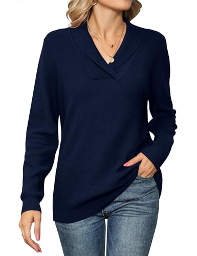 IECCP Damen Pullover Elegant Langarm Strickpullover Für Damen Herbst Langarmshirt Sweater V-Ausschnitt Oberteile Navy Blau M von IECCP