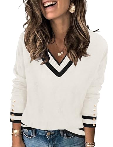 IECCP Damen Pullover Herbst Winter Langarm V-Ausschnitt Leicht Dekorative Knöpfe Casual Tops Sweatshirt(Farbblock in Weiß und Schwarz,L) von IECCP