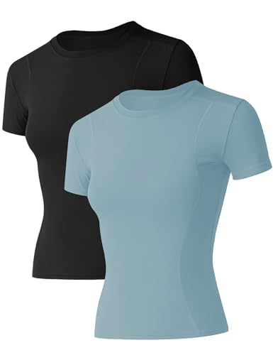 IECCP Damen Sport T-Shirt Running Fitness Shirts Sportbekleidung Kurzarm Oberteile Elastische Sportshirt Eng Gym Laufshirt 2er Pack L von IECCP