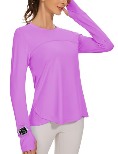IECCP Damen Sportshirt Atmungsaktiv Laufshirt Leichte Trainingsshirt Funktionsshirt Wandershirt Sommer Langarm T-Shirt mit Daumenloch UPF 50+ Rashguard hellviolettrot S von IECCP