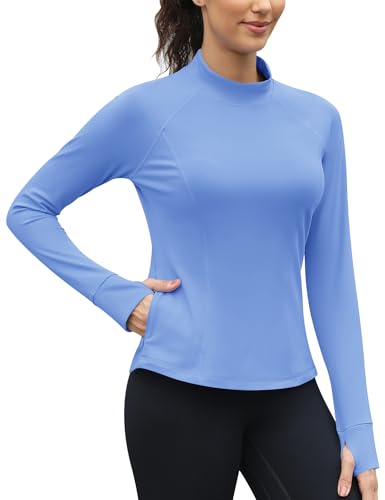 IECCP Damen Sportshirt Langarm Mock Neck Funktionsshirt Fleece Warm Laufshirt Langarmshirt Thermo Lauf Oberteil mit Daumenlöchern Blau XL von IECCP