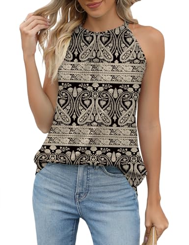 IECCP Damen Tank Top Ärmellos Oberteile Sommer Tanktops Elegant Neckholder Top Rundhals Blusentop Vest Top Bluse 2025, Schwarz Apricot Floral, XL von IECCP