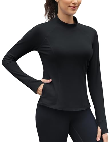 IECCP Damen Thermo Base Layer Langarm mit Daumenlöchern Reißverschlusstasche Sportshirt Fleece Mock Neck Oberteil Schwarz M von IECCP