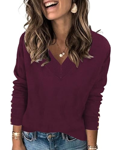 IECCP Damen V-Ausschnitt Pullover Langarm Leicht Dekorative Knöpfe Casual Tops Herbst Oberteile Sweater(Weinrot,XL) von IECCP