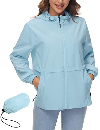 IECCP Damen Wasserdichte Regenjacke mit Kapuze Leicht Atmungsaktive Windbreaker Jacke Hellblau L von IECCP