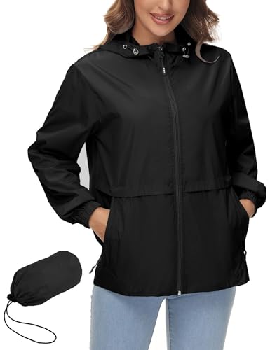 IECCP Regenjacke für Damen wasserdichte leichte Regenmantel Windjacke verstaubarer Outdoor-Regenmantel mit Kapuze Schwarz L von IECCP