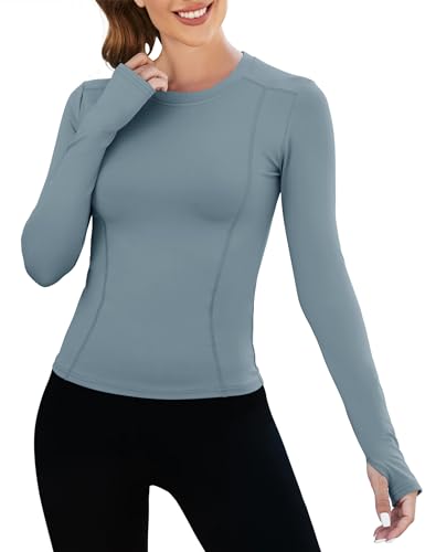 IECCP Yoga Shirt Damen Stretch Leicht Workout T-Shirt Sport Top Golf Jogging Oberteil Atmungsaktiv mit Daumenlöcher Grau Blau XS von IECCP