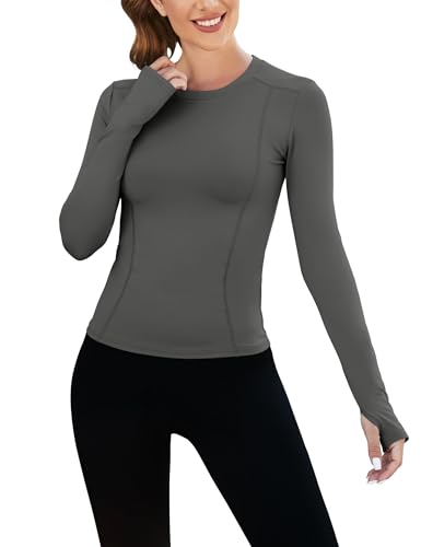 IECCP Langarmshirt Damen Sweatshirt Sportshirt Leicht Fitness Oberteil aufshirt mit Daumenlöcher Gym Top Stehkragen Oberteil Yoga Langarm Grau L von IECCP