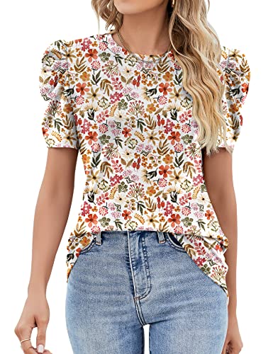 IECCP Damenblusen Elegant Sommer Longshirt Blumen Tops Business Outfit Damen Lässig Blusenshirt(Weiß Rot Floral,M) von IECCP