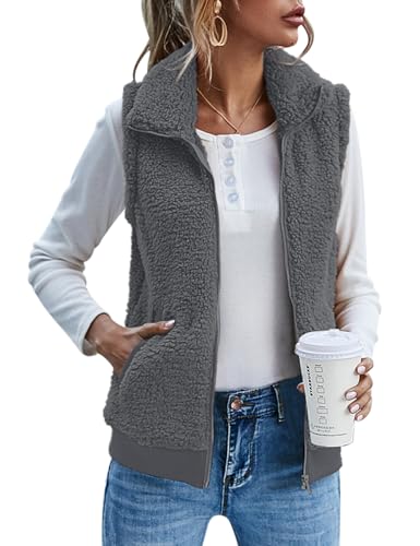 IECCP Fleecejacke Damen Teddy Fleece Weste Damen Herbst Winter Warm, Outdoor Weste mit Stehkragen Eingrifftaschen Reißverschluss(Dunkelgrau,M) von IECCP