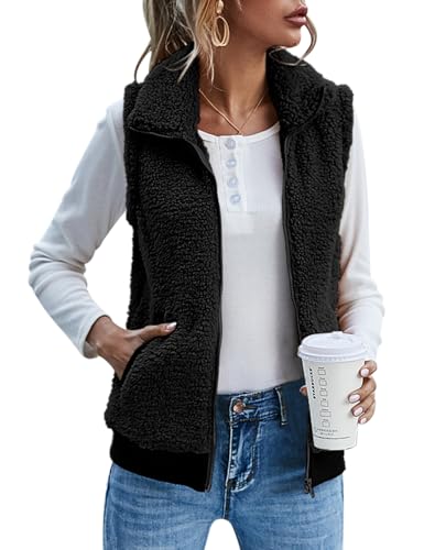 IECCP Fleecejacke Damen Teddy Fleece Weste Damen Herbst Winter Warm, Outdoor Weste mit Stehkragen Eingrifftaschen Reißverschluss(Schwarz,S) von IECCP
