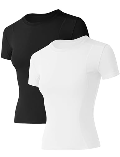 IECCP Funktionsshirt Damen Round-Ausschnitt Yoga Fitness T-Shirt Kurzarm Leicht Sportshirt Schnell Trocknend Laufshirt 2er Pack von IECCP