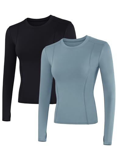 IECCP Laufshirt Damen Langarm Sportshirt Wandershirt Langarm Tops Fitness Langarmshirt Einfarbig Casual Funktionsshirt mit Daumenloch 2er Pack Schwarz und Grau Blau S von IECCP