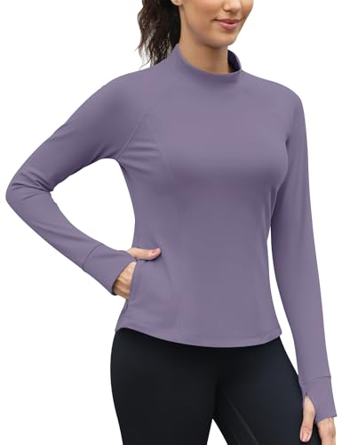 IECCP Langarm Funktionsshirt Damen Fleece T-Shirt Sport Oberteil Laufen Shirts Leicht Fitness Tops Mock Neck mit Daumenloch S von IECCP