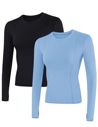 IECCP Langarm Yoga Top Sport Oberteile Sportshirt Sporttop Laufshirt Langarm atmungsaktiv Nahtlos Shirt mit Daumenloch für Fitness Gym Training Workout 2er Pack L von IECCP