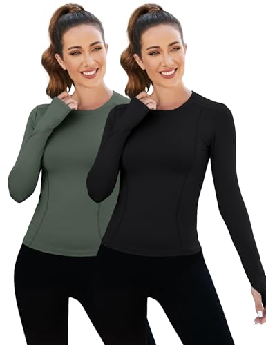 IECCP Laufshirt Damen Langarm Sportshirt Wandershirt Langarm Tops Fitness Langarmshirt Einfarbig Casual Funktionsshirt mit Daumenloch 2er Pack S von IECCP