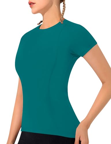 IECCP Laufshirt Kurzarm Damen Sommer Sportshirt Kleidung Fitness Running Workout Yoga Lauftop Rundhals Fitness T Shirts Leicht Gym Tops Activewear Trainingsshirt Seegrün M von IECCP