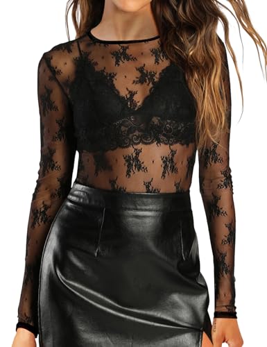 IECCP Damen Bluse Mesh Oberteil Schwarz Netzoberteil Festival Oberteile Rave Outfit Durchsichtige Langarmshirt Oberteil Enge Unterziehshirt Layering Tops Shirts Bluse Schwarze Spitzenblume L von IECCP