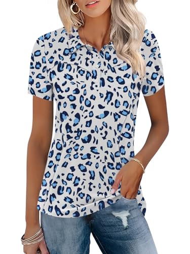 IECCP Poloshirts für Damen Kurzarm Polohemd Schnelltrocknend Golf Polo Tennis Shirts Leicht Atmungsaktiv Tops Workout Sommershirts 2025 mit 3-Knopfleiste(Hellblauer Leopard,XL) von IECCP