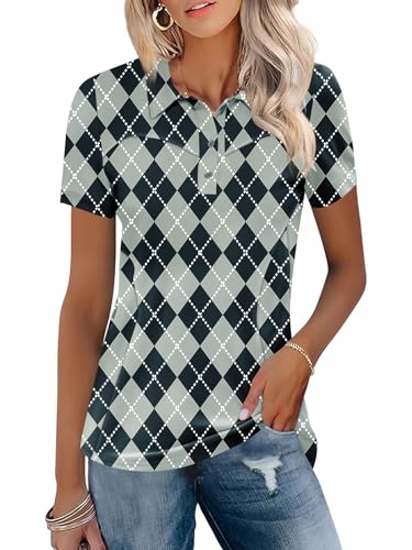 IECCP Poloshirts für Damen Kurzarm Polohemd Schnelltrocknend Golf Polo Tennis Shirts Leicht Atmungsaktiv Tops Workout Sommershirts 2025 mit 3-Knopfleiste(Schwarz Argyle,XL) von IECCP