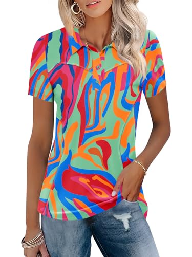 IECCP Poloshirts für Damen Kurzarm Polohemd Schnelltrocknend Golf Sportshirts Leicht Atmungsaktiv Tops Workout Sommershirts 2025 mit 3-Knopfleiste(Rot Druck,L) von IECCP