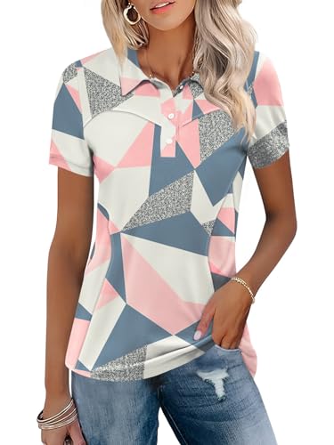 IECCP Poloshirts für Damen Kurzarm Polohemd Schnelltrocknend Golf Tennis Shirts Leicht Atmungsaktiv Tops Workout Sommershirts 2025 mit 3-Knopfleiste(Rosa Druck,L) von IECCP