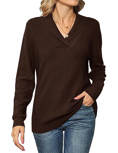 IECCP Pullover Damen Elegant Langarm Strickpullover Mit Revers V-Ausschnitt Herbst Langarmshirt Sweater Braun S von IECCP