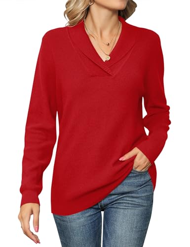 IECCP Pullover Damen Elegant Langarm Strickpullover Mit Revers V-Ausschnitt Herbst Langarmshirt Sweater Rot XXL IECCP Pullover Damen Elegant Langarm Strickpullover Mit Revers V-Ausschnitt Herbst Langarmshirt Sweater Rot XXL von IECCP