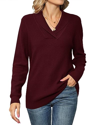 IECCP Pullover Damen Elegant Langarm Strickpullover Mit Revers V-Ausschnitt Herbst Langarmshirt Sweater Rotwein XL von IECCP