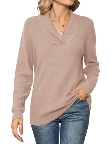 IECCP Pullover Damen Langarmshirts Basic Strickpullover Damen Langarm Oberteile Damen Sweatshirt V-Ausschnitt Pulli Khaki XXL von IECCP