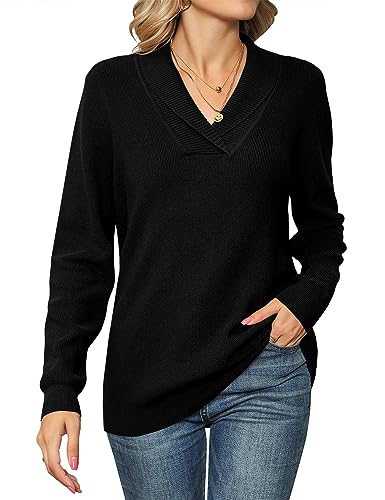 IECCP Pullover Für Damen Oberteile Elegant Langarm Strickpullover Mit Revers V-Ausschnitt Pulli Damen Schwarz L von IECCP