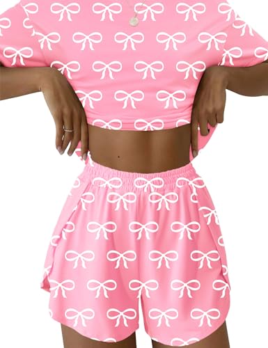 IECCP Pyjama Damen Schlafanzugoberteile und Kurze Hose Pyjamas Set Nachtwäsche Set Zweiteiliger Sommer Loungewear Sleepwear Hausanzug Weiße Schleife XXL von IECCP
