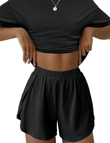 IECCP Schlafanzug Damen Kurz Pyjama Kurzarm Pyjamas Set Nachtwäsche Schlafanzugoberteile Zweiteiliger Sommer Loungewear Sleepwear Hausanzug Schwarz M von IECCP