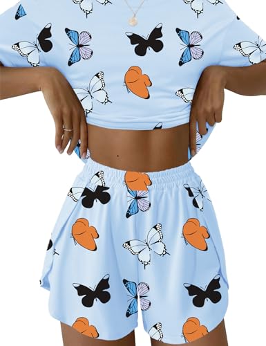 IECCP Schlafanzug Damen Kurz Pyjama Kurzarm Pyjamas Set Nachtwäsche Set Zweiteiliger Sommer Loungewear Sleepwear Hausanzug Blauer Schmetterling XL von IECCP