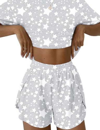 IECCP Schlafanzug Damen Kurz Pyjama Kurzarm Pyjamas Set Nachtwäsche Set Zweiteiliger Sommer Loungewear Sleepwear Hausanzug Graue weiße Sterne XXL von IECCP