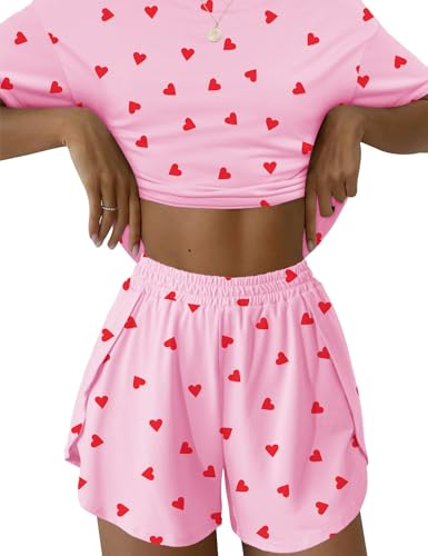 IECCP Schlafanzug Damen Kurz Pyjama Kurzarm Pyjamas Set Nachtwäsche Set Zweiteiliger Sommer Loungewear Sleepwear Hausanzug Rosa Herz XXL von IECCP