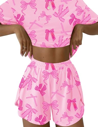IECCP Schlafanzug Damen Kurz Pyjama Kurzarm Pyjamas Set Nachtwäsche Set Zweiteiliger Sommer Loungewear Sleepwear Hausanzug Sport Oberteile Rosa Schleife M von IECCP
