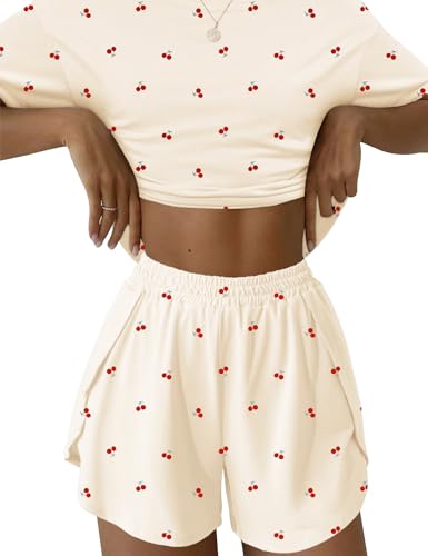 IECCP Schlafanzug Damen Kurz Pyjama Kurzarm Pyjamas Set Nachtwäsche Set Zweiteiliger Sommer Loungewear Sleepwear Hausanzug für Zuhause Urlaub Freizeit Aprikose Kirsche M von IECCP