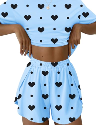 IECCP Schlafanzug Damen Kurz Pyjama Set Shorty Nachtwäsche Kurzarm T-Shirt und Pyjamahose Sommer Loungewear Sleepwear Hausanzug Blaues schwarzes Herz XXL von IECCP