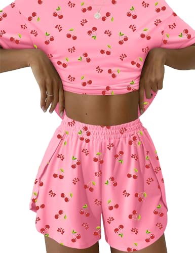 IECCP Schlafanzug Damen Kurz Pyjama Set Shorty Nachtwäsche Kurzarm T-Shirt und Pyjamahose Sommer Loungewear Sleepwear Rosa mit Kirsche Pyjama XXL von IECCP
