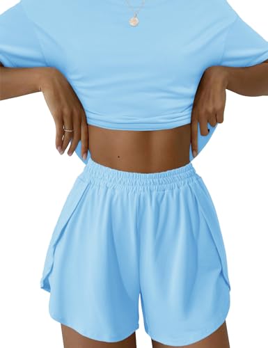 IECCP Schlafanzug Damen Kurz Pyjama T-Shirt Kurzarm Pyjamas Set Nachtwäsche Set Zweiteiliger Sommer Loungewear Sleepwear Blau Pyjama XL von IECCP