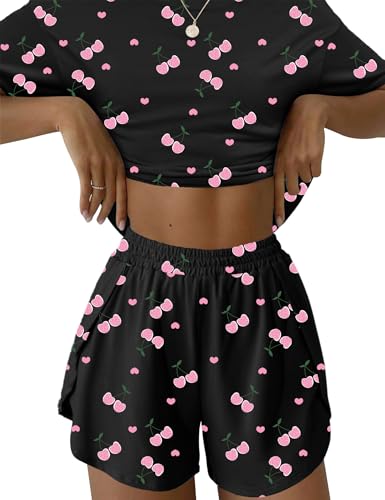 IECCP Schlafanzug Damen Kurz Pyjama T-Shirt Kurzarm Pyjamas Set Nachtwäsche Set Zweiteiliger Sommer Loungewear Sleepwear Gestreifte Hose Schwarz mit Kirsche Pyjama M von IECCP